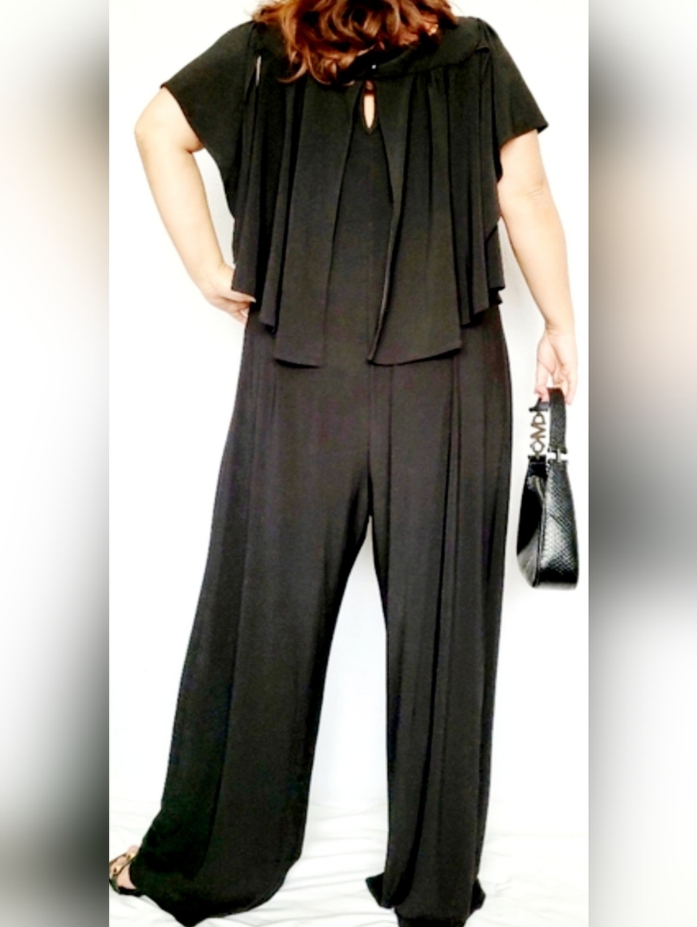 Emma & Michelle Plus Size Jumpsuit Stretch Pull On Flutter Sleeves Black 3X - Picture 5 of 16